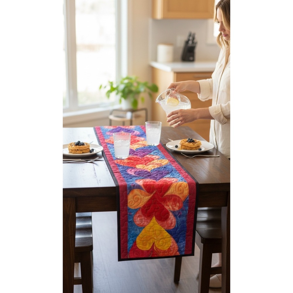Handmade Quilted Table Runner Colorful Heart Motif Gradient Fiber Art Decor